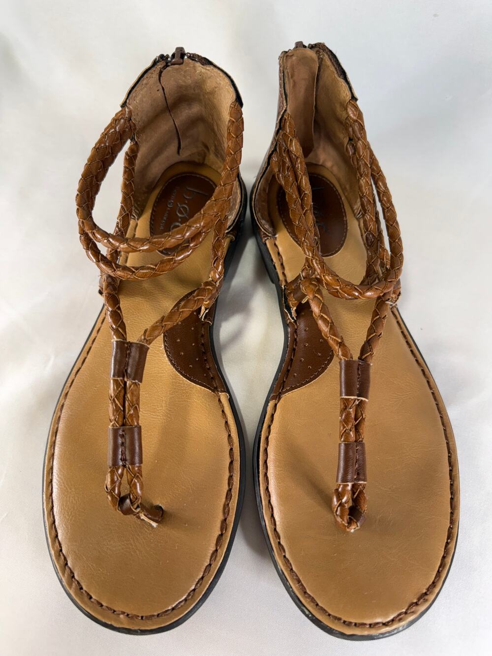 b.o.c. Born Concept Brown Leather Braided Gladiator Sandals Back Zip Women 7